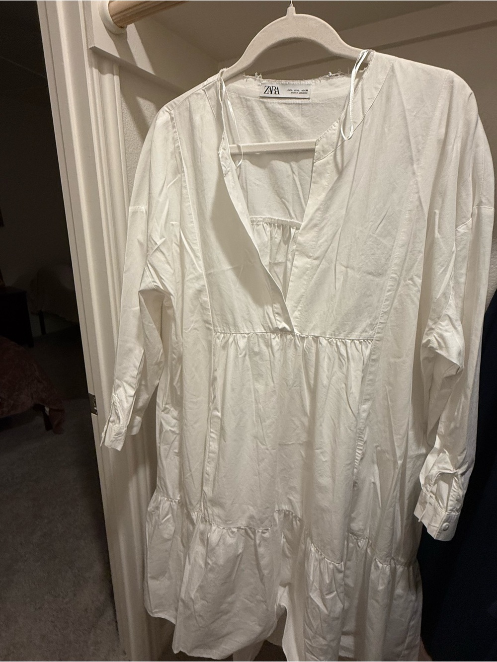 Zara White Long-Sleeve V-Neck Tiered Cotton Dress